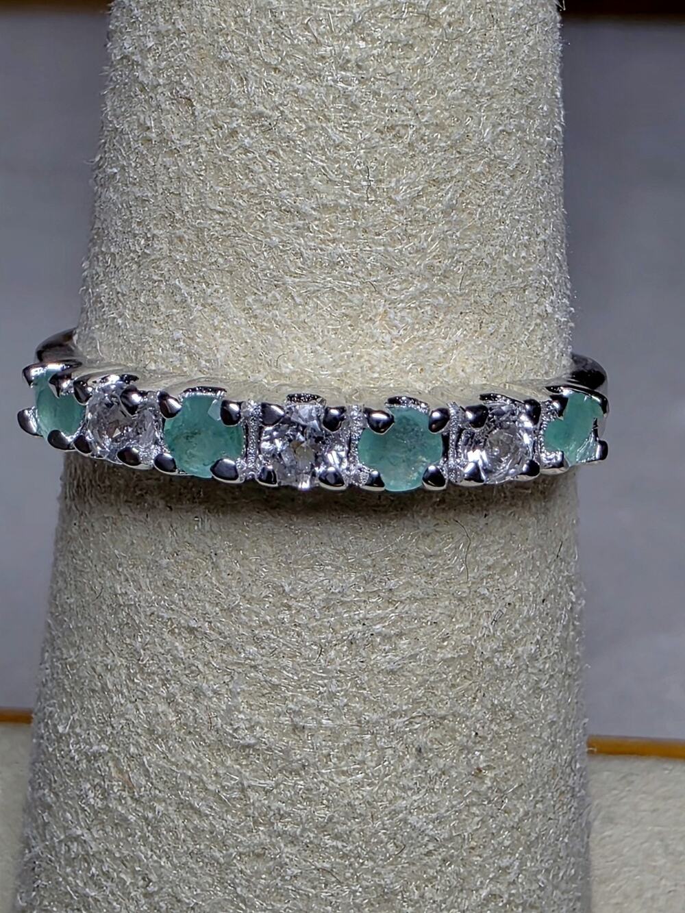 S7 Natural Emerald & 0.46ctw Moissanite Half Eternity Band 925 Sterling Silver